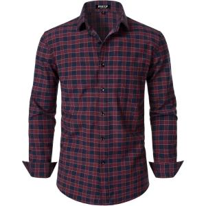 imageMens Transitional Weather Slim Fit Long Sleeve Button Down Shirt Business Casual Dress Shirts with PocketRed Navy Gingham