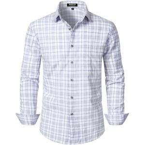 imageMens Transitional Weather Slim Fit Long Sleeve Button Down Shirt Business Casual Dress Shirts with PocketWhite Grey Gingham