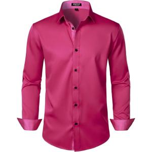 imageMens Stretch MultiUse Long Sleeve Dress Shirts Party Prom Wedding Shirts with Slight SheenHot Pink