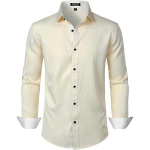 imageMens Stretch MultiUse Long Sleeve Dress Shirts Party Prom Wedding Shirts with Slight SheenIvory