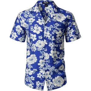 imageMens Summer Textured Cuban Collar Hawaiian Shirts Casual Vacation Short Sleeve Button Up Shirt with PocketRoyal Blue