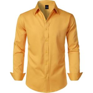 imageMens Stretch Soft Slim Fit Dress Shirts Long Sleeve Formal Wedding Business Casual Button Down ShirtGold