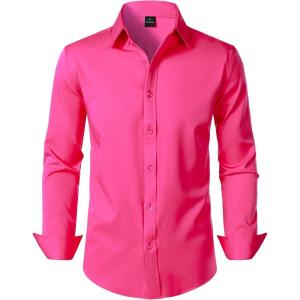 imageMens Stretch Soft Slim Fit Dress Shirts Long Sleeve Formal Wedding Business Casual Button Down ShirtHot Pink