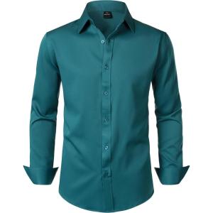 imageMens Stretch Soft Slim Fit Dress Shirts Long Sleeve Formal Wedding Business Casual Button Down ShirtTeal