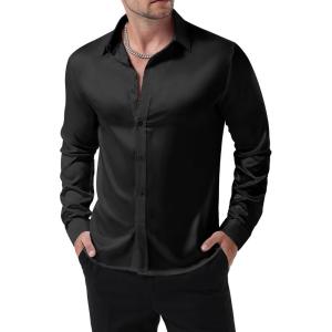 imageMens Shiny Luxury Satin Slim Fit Dress Shirts SilkLike Glossy Long Sleeve Button Down Shirts for Wedding Party PromBlack