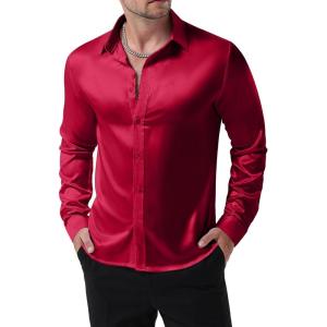 imageMens Shiny Luxury Satin Slim Fit Dress Shirts SilkLike Glossy Long Sleeve Button Down Shirts for Wedding Party PromBurgundy