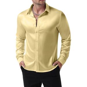 imageMens Shiny Luxury Satin Slim Fit Dress Shirts SilkLike Glossy Long Sleeve Button Down Shirts for Wedding Party PromChampagne