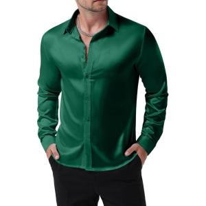 imageMens Shiny Luxury Satin Slim Fit Dress Shirts SilkLike Glossy Long Sleeve Button Down Shirts for Wedding Party PromDark Green