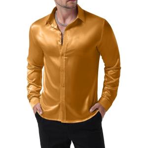 imageMens Shiny Luxury Satin Slim Fit Dress Shirts SilkLike Glossy Long Sleeve Button Down Shirts for Wedding Party PromGold