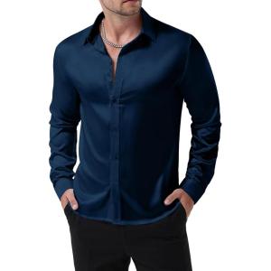 imageMens Shiny Luxury Satin Slim Fit Dress Shirts SilkLike Glossy Long Sleeve Button Down Shirts for Wedding Party PromNavy Blue