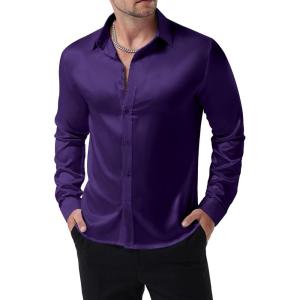 imageMens Shiny Luxury Satin Slim Fit Dress Shirts SilkLike Glossy Long Sleeve Button Down Shirts for Wedding Party PromPurple