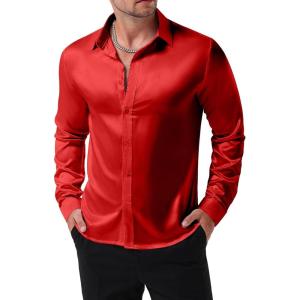 imageMens Shiny Luxury Satin Slim Fit Dress Shirts SilkLike Glossy Long Sleeve Button Down Shirts for Wedding Party PromRed