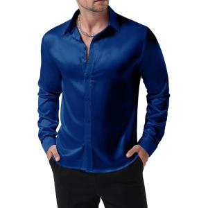imageMens Shiny Luxury Satin Slim Fit Dress Shirts SilkLike Glossy Long Sleeve Button Down Shirts for Wedding Party PromRoyal Blue