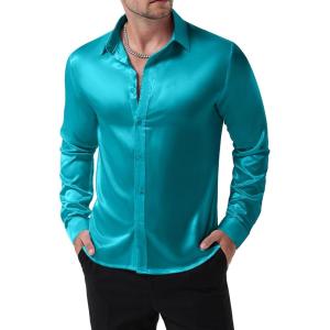 imageMens Shiny Luxury Satin Slim Fit Dress Shirts SilkLike Glossy Long Sleeve Button Down Shirts for Wedding Party PromTeal