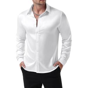 imageMens Shiny Luxury Satin Slim Fit Dress Shirts SilkLike Glossy Long Sleeve Button Down Shirts for Wedding Party PromWhite