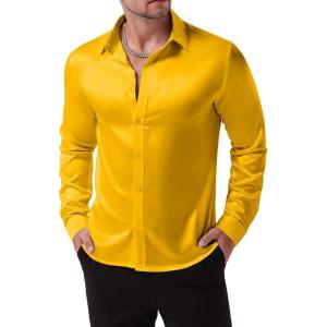 imageMens Shiny Luxury Satin Slim Fit Dress Shirts SilkLike Glossy Long Sleeve Button Down Shirts for Wedding Party PromYellow