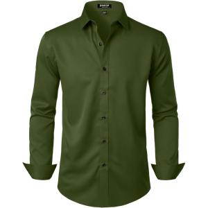 imageMens Stretch Wrinkle Free Dress Shirts Formal Wedding Prom Long Sleeve Button Down ShirtArmy Green