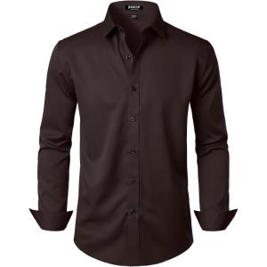 imageMens Stretch Wrinkle Free Dress Shirts Formal Wedding Prom Long Sleeve Button Down ShirtCoffee Brown