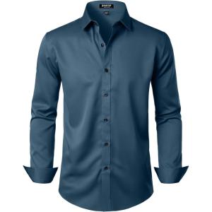 imageMens Stretch Wrinkle Free Dress Shirts Formal Wedding Prom Long Sleeve Button Down ShirtDark Blue