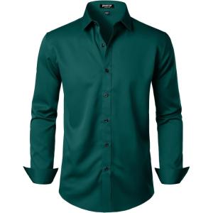 imageMens Stretch Wrinkle Free Dress Shirts Formal Wedding Prom Long Sleeve Button Down ShirtEmerald Green