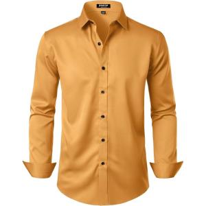imageMens Stretch Wrinkle Free Dress Shirts Formal Wedding Prom Long Sleeve Button Down ShirtGold