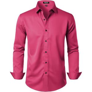 imageMens Stretch Wrinkle Free Dress Shirts Formal Wedding Prom Long Sleeve Button Down ShirtHot Pink