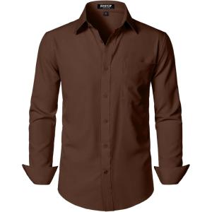 imageMens Stretch Regular Fit Long Sleeve Dress Shirts Lightweight Business Casual Button Down Shirts with PocketBrown