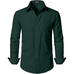imageMens Stretch Regular Fit Long Sleeve Dress Shirts Lightweight Business Casual Button Down Shirts with PocketDark Green