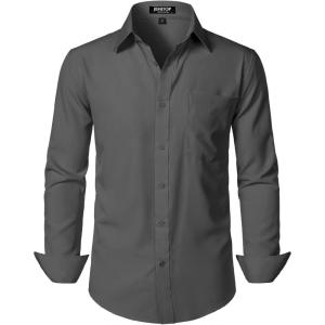 imageMens Stretch Regular Fit Long Sleeve Dress Shirts Lightweight Business Casual Button Down Shirts with PocketDark Grey