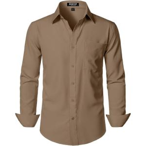 imageMens Stretch Regular Fit Long Sleeve Dress Shirts Lightweight Business Casual Button Down Shirts with PocketDark Khaki
