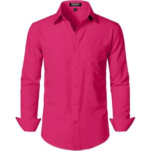 imageMens Stretch Regular Fit Long Sleeve Dress Shirts Lightweight Business Casual Button Down Shirts with PocketHot Pink