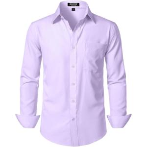 imageMens Stretch Regular Fit Long Sleeve Dress Shirts Lightweight Business Casual Button Down Shirts with PocketLavender Purple