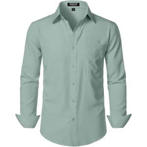 imageMens Stretch Regular Fit Long Sleeve Dress Shirts Lightweight Business Casual Button Down Shirts with PocketLight Green