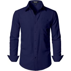 imageMens Stretch Regular Fit Long Sleeve Dress Shirts Lightweight Business Casual Button Down Shirts with PocketNavy Blue