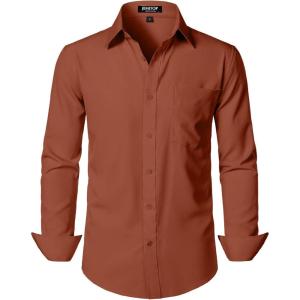 imageMens Stretch Regular Fit Long Sleeve Dress Shirts Lightweight Business Casual Button Down Shirts with PocketRust Red