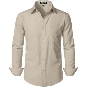 imageMens Stretch Regular Fit Long Sleeve Dress Shirts Lightweight Business Casual Button Down Shirts with PocketTan