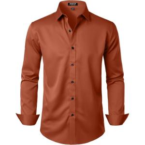 imageMens Stretch Wrinkle Free Dress Shirts Formal Wedding Prom Long Sleeve Button Down ShirtBurnt Orange