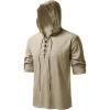 imageMens Pure Cotton Retro Style Lace Up Hooded Shirts for Renaissance Pirate Viking Medieval CostumeKhaki