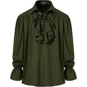 imageMens Pirate Vampire Ruffle Shirt Elastic Cuff Poet Victorian Steampunk Renaissance Medieval Cosplay CostumeArmy Green