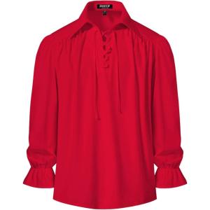 imageMens Pirate Vampire Ruffle Shirt Elastic Cuff Poet Victorian Steampunk Renaissance Medieval Cosplay CostumeClassic Red