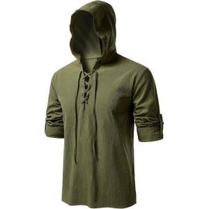 imageMens Pure Cotton Retro Style Lace Up Hooded Shirts for Renaissance Pirate Viking Medieval CostumeArmy Green