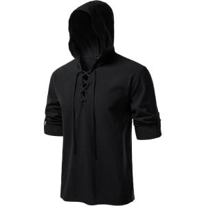 imageMens Pure Cotton Retro Style Lace Up Hooded Shirts for Renaissance Pirate Viking Medieval CostumeBlack