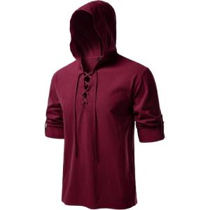 imageMens Pure Cotton Retro Style Lace Up Hooded Shirts for Renaissance Pirate Viking Medieval CostumeBurgundy
