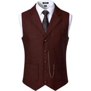 imageMens Vintage Slim Fit Suit Vest Formal Prom Party Herringbone Pattern Waistcoat with Chain DetailBurgundy