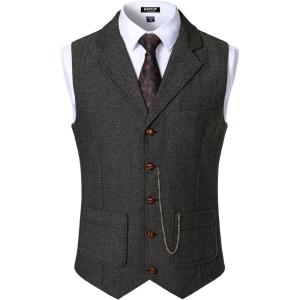 imageMens Vintage Slim Fit Suit Vest Formal Prom Party Herringbone Pattern Waistcoat with Chain DetailDark Grey