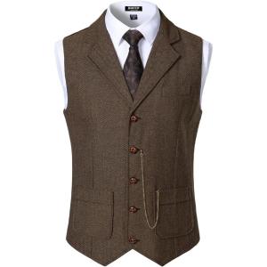imageMens Vintage Slim Fit Suit Vest Formal Prom Party Herringbone Pattern Waistcoat with Chain DetailKhaki