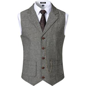 imageMens Vintage Slim Fit Suit Vest Formal Prom Party Herringbone Pattern Waistcoat with Chain DetailLight Grey
