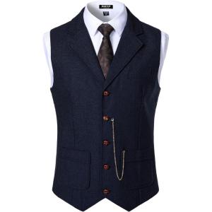 imageMens Vintage Slim Fit Suit Vest Formal Prom Party Herringbone Pattern Waistcoat with Chain DetailNavy Blue