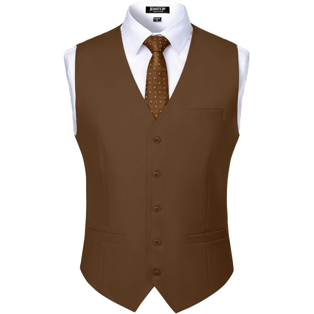 imageMens Classic Slim Fit Dress Vest Formal Wedding Prom Tuxedo Suit Vest with PocketBrown