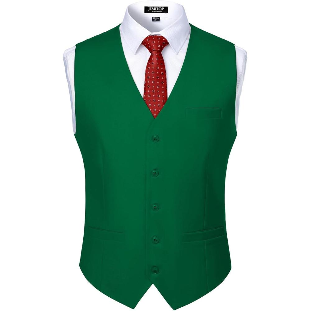 imageMens Classic Slim Fit Dress Vest Formal Wedding Prom Tuxedo Suit Vest with PocketGreen